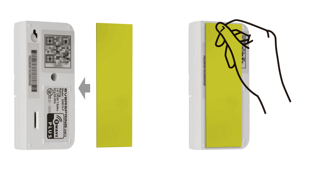 同梱されている両面テープを、下図のように開閉センサーの本体部背面とマグネット部背面にそれぞれ貼付します。